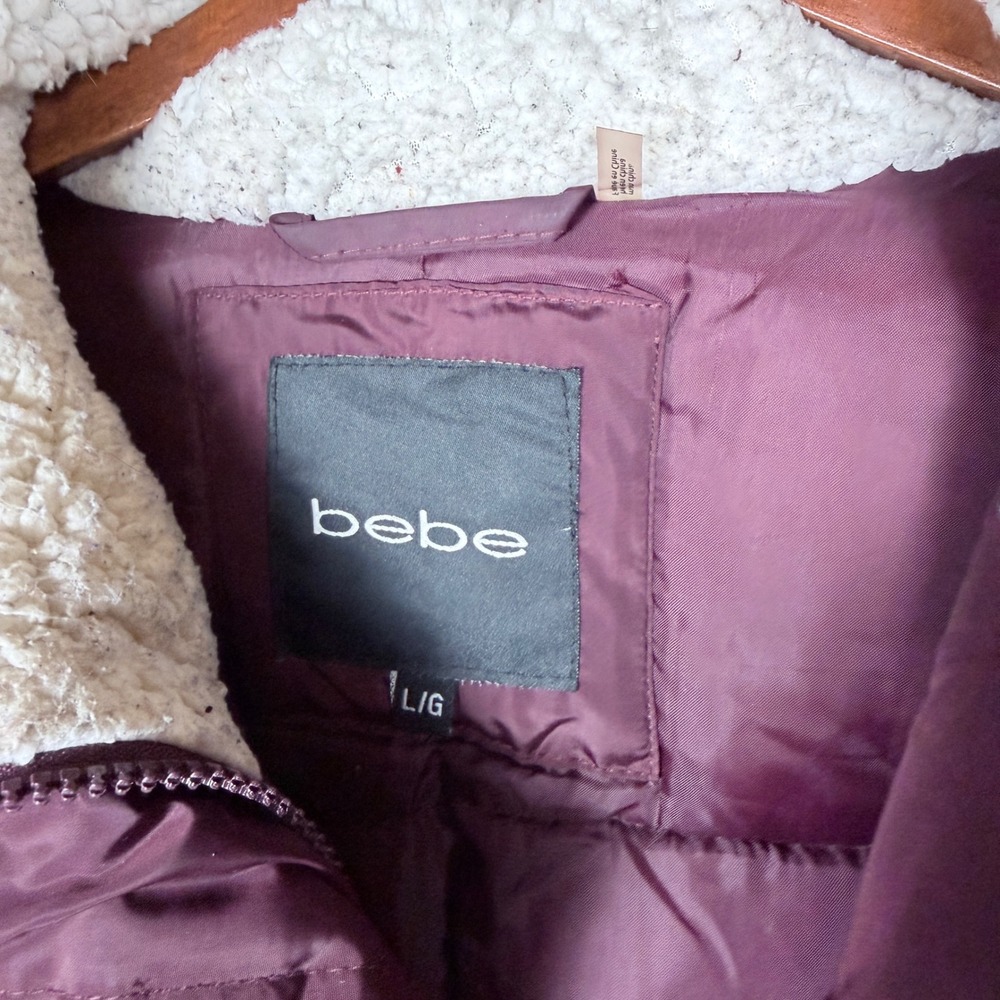 Bebe Women Parka Jacket Fur‎ Hood Lined Pockets Drawstring Burgundy Size L - Picture 2 of 5